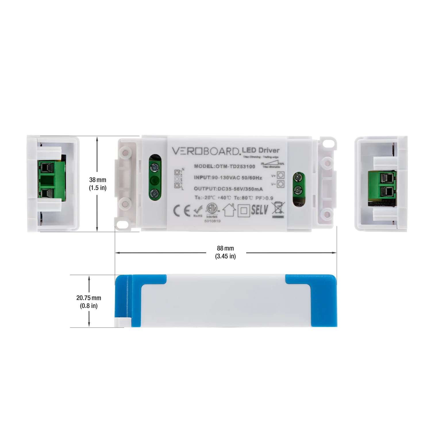 OTM-TD253100-350-20 Constant Current Triac Dimming LED Driver, 350mA 35-56V 20W Dimmable - Image 2