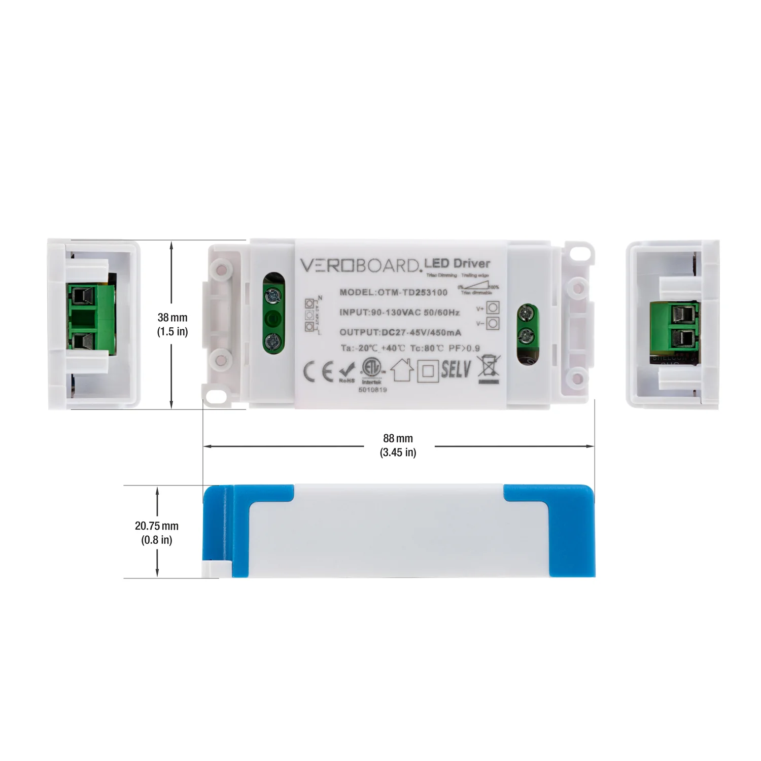OTM-TD253100-450-20 Constant Current Triac Dimming LED Driver, 450mA 27-45V 20W Dimmable - Image 2