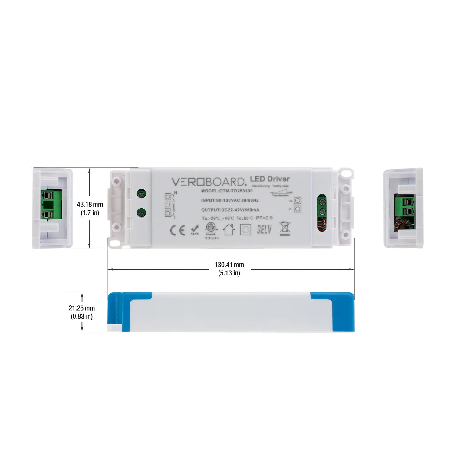 OTM-TD253100-550-20 Constant Current Triac Dimming LED Driver, 550mA 22-42V 20W Dimmable - Image 2
