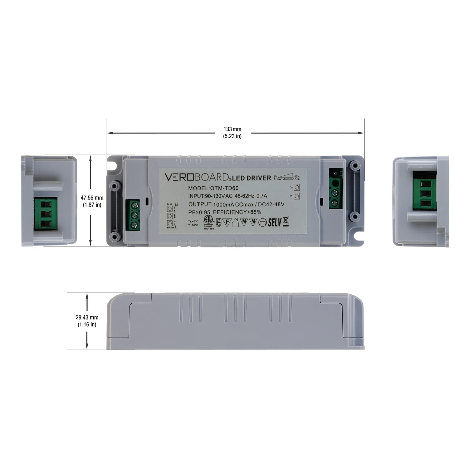 OTM-TD60-1000 Constant Current Triac Dimming LED Driver, 1000mA 42-48VDC - Image 2