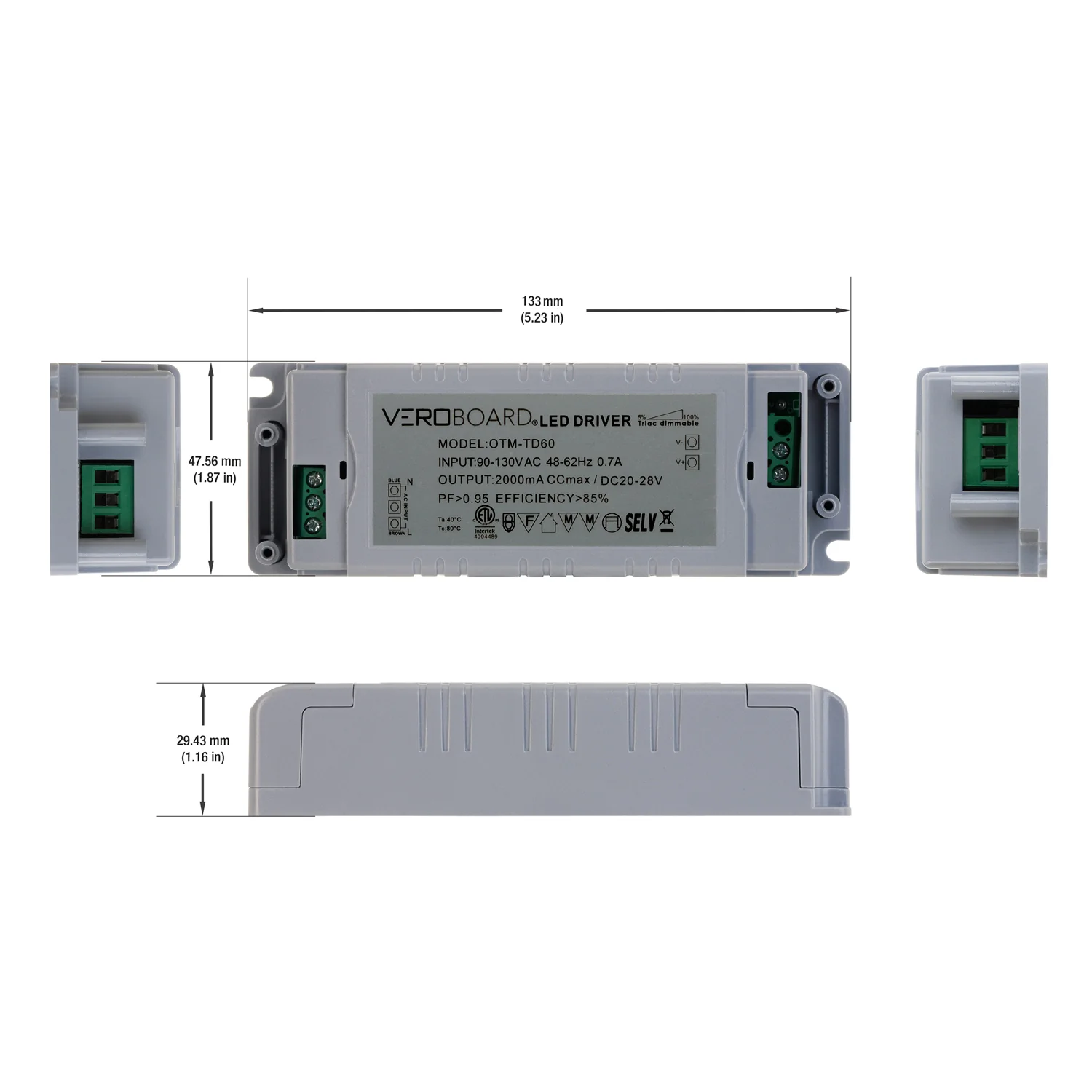 OTM-TD60-2000 Constant Current Triac Dimming LED Driver, 2000mA 20-28VDC - Image 2